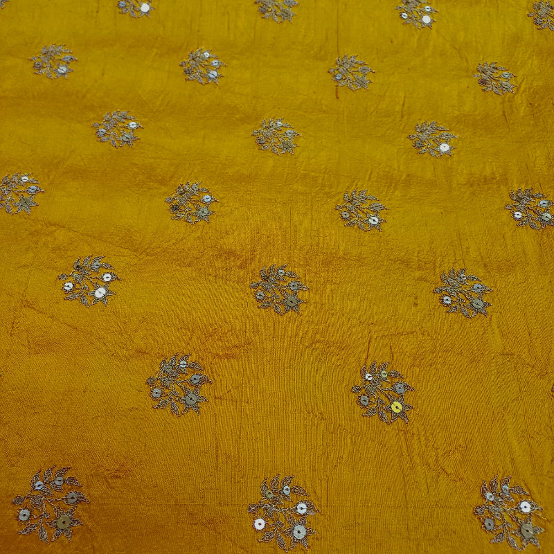 Canary Yellow Raw Silk Fabric With Floral Embroidery