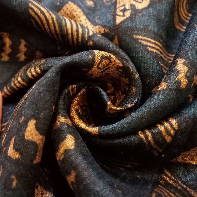 Navy Blue Printed Dupion Silk Fabric