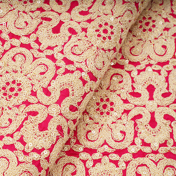 Raspberry Red Floral Embroidered Raw Silk Fabric