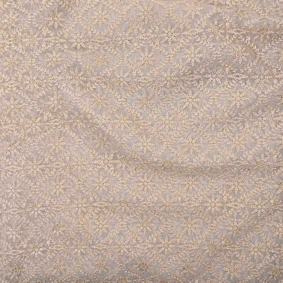 Cream White Floral Embroidered Organza Fabric