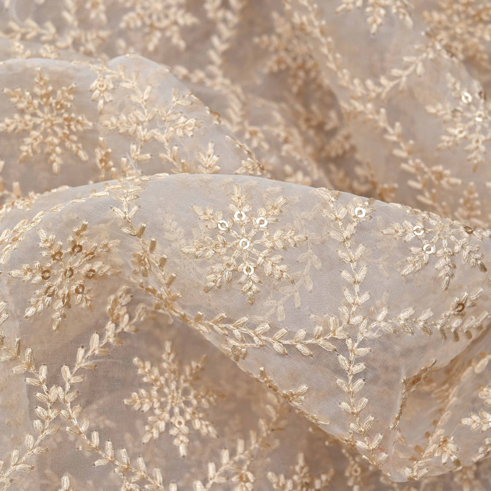 Cream White Floral Embroidered Organza Fabric