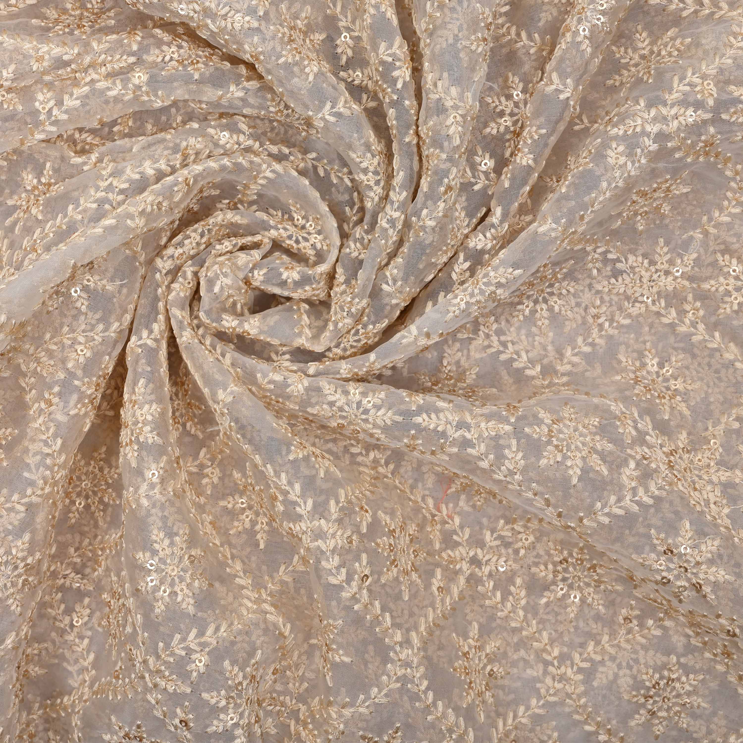 Cream White Floral Embroidered Organza Fabric