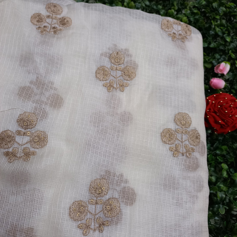 Dyeable White Floral Embroidered Kota Silk