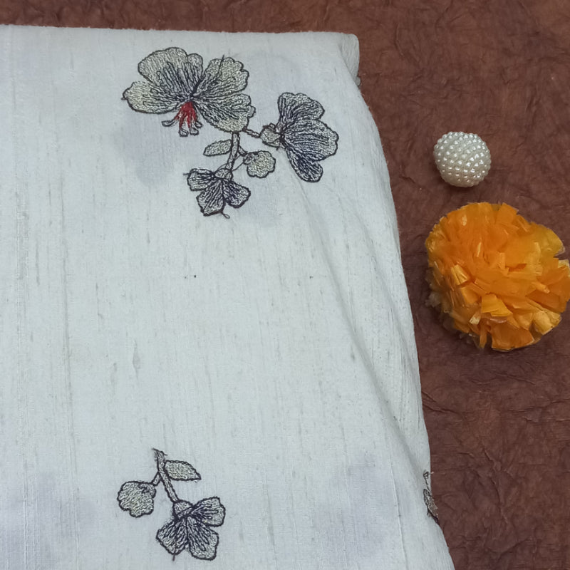 Chalk White Dyeable Dupion Silk Fabric With Floral Embroidery