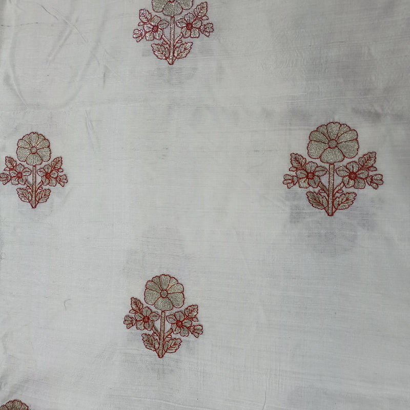 White Floral Embroidery Raw Silk Fabric