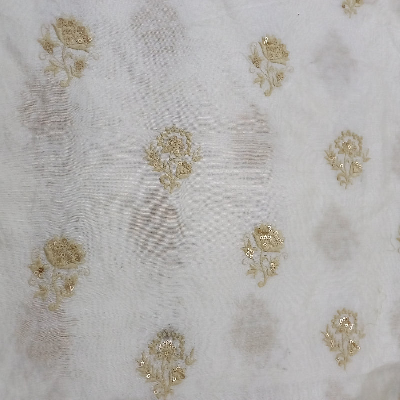 White Chanderi Fabric With Sequence And Thread Embroidery