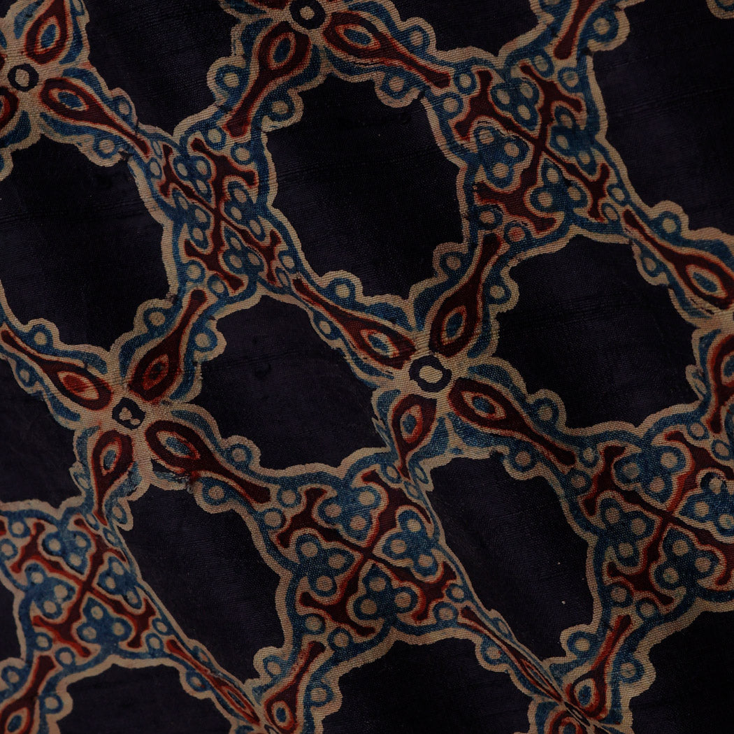 Black Printed Dupion Silk Fabric With Floral Pattern