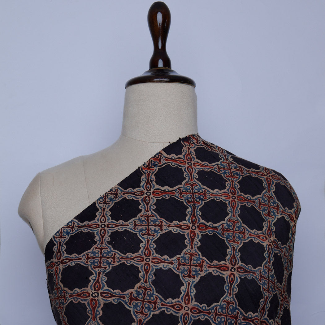 Black Printed Dupion Silk Fabric With Floral Pattern