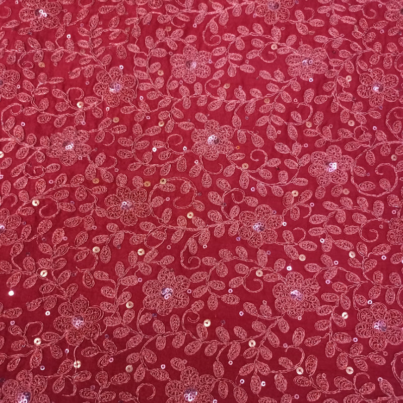 Vibrant Red Colour Dupion Silk Embroidered And Sequined Fabric