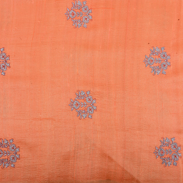 Coral Orange Embroidery Raw Silk Fabric