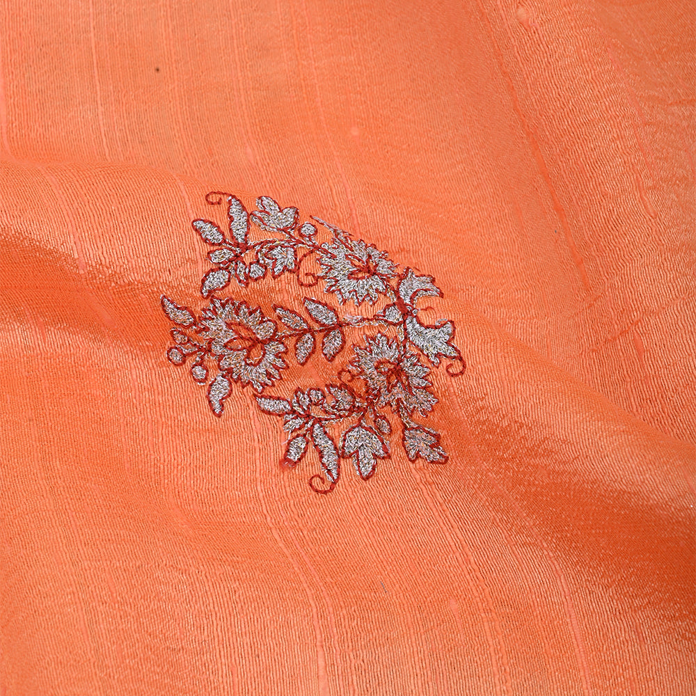 Coral Orange Embroidery Raw Silk Fabric