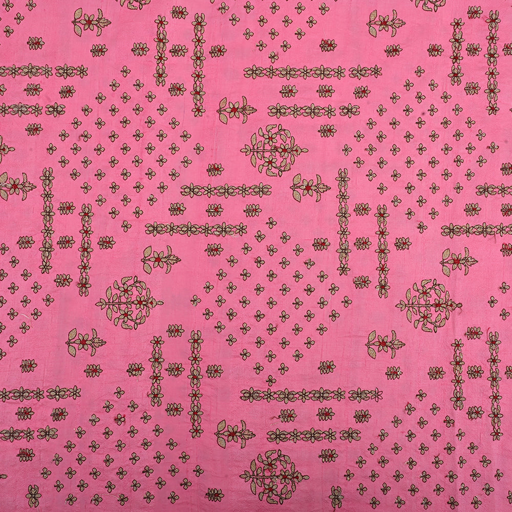 Schauss Pink Embroidery Raw Silk Fabric