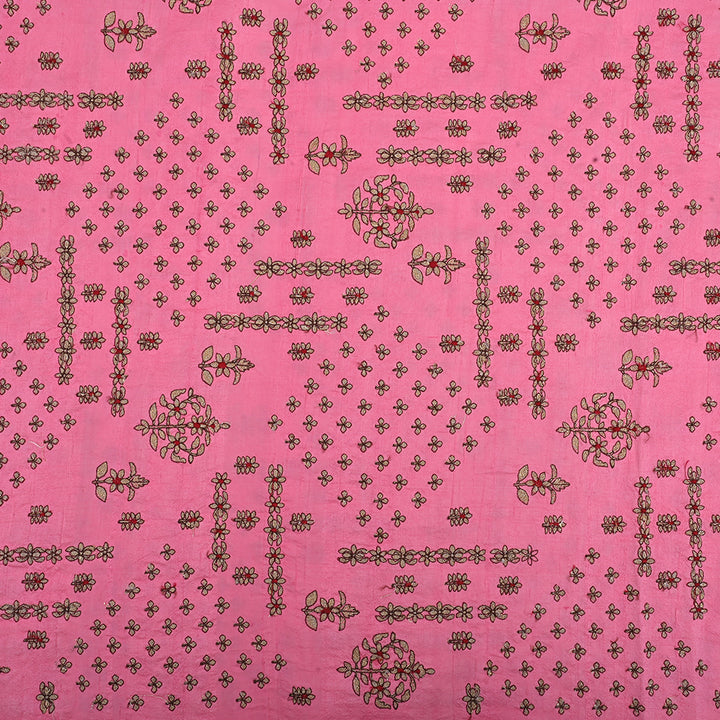 Schauss Pink Embroidery Raw Silk Fabric