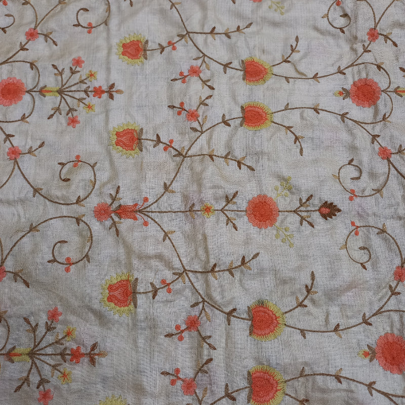 Dyeable White Floral Embroidered Tussar Silk