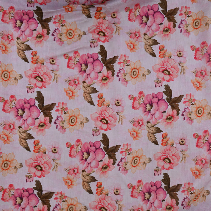 Pinkish White Printed Floral Chanderi Fabric