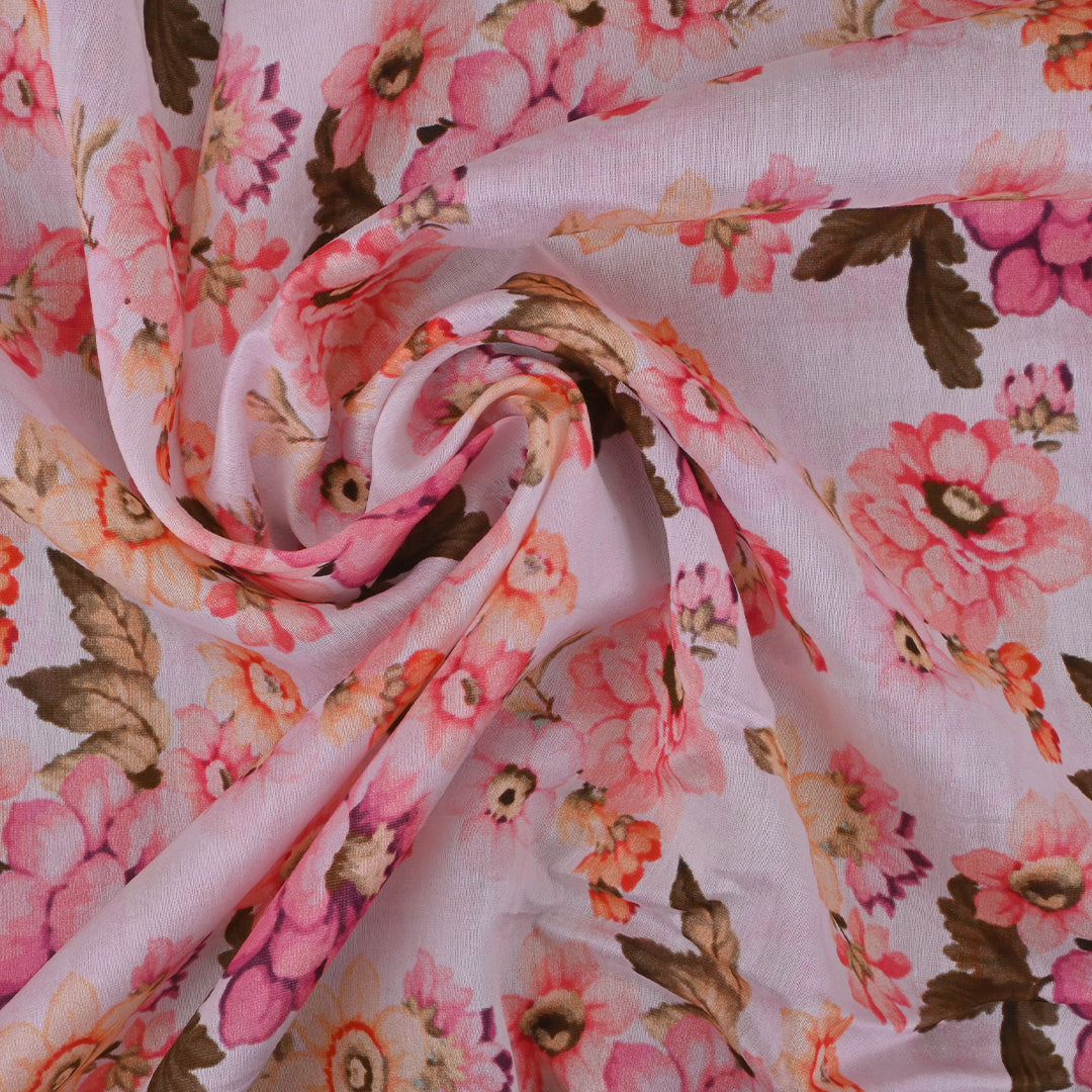 Pinkish White Printed Floral Chanderi Fabric