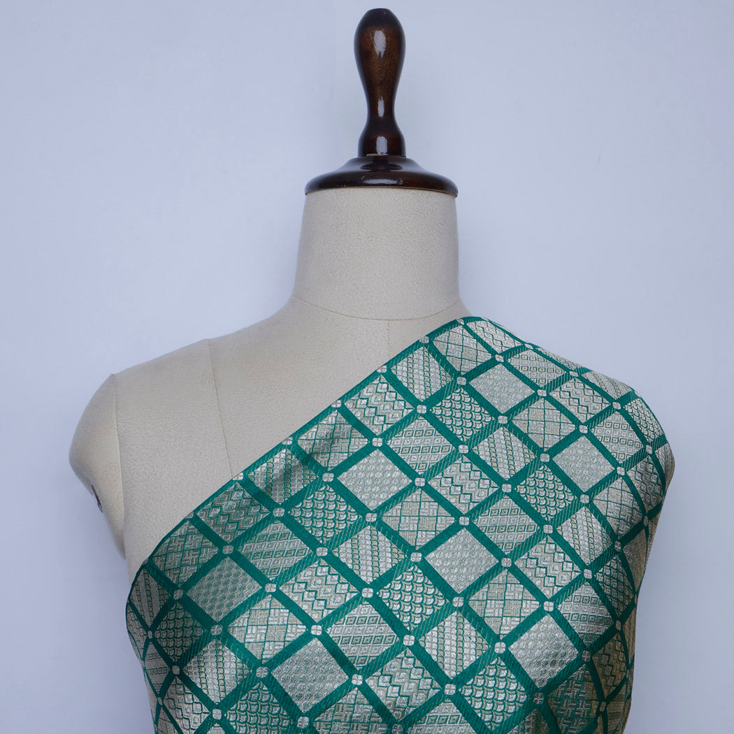 Teal Green Silk Fabric With Checks Pattern