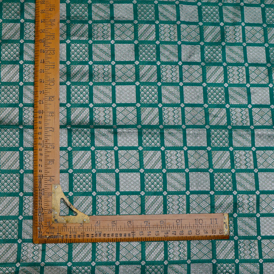Teal Green Silk Fabric With Checks Pattern