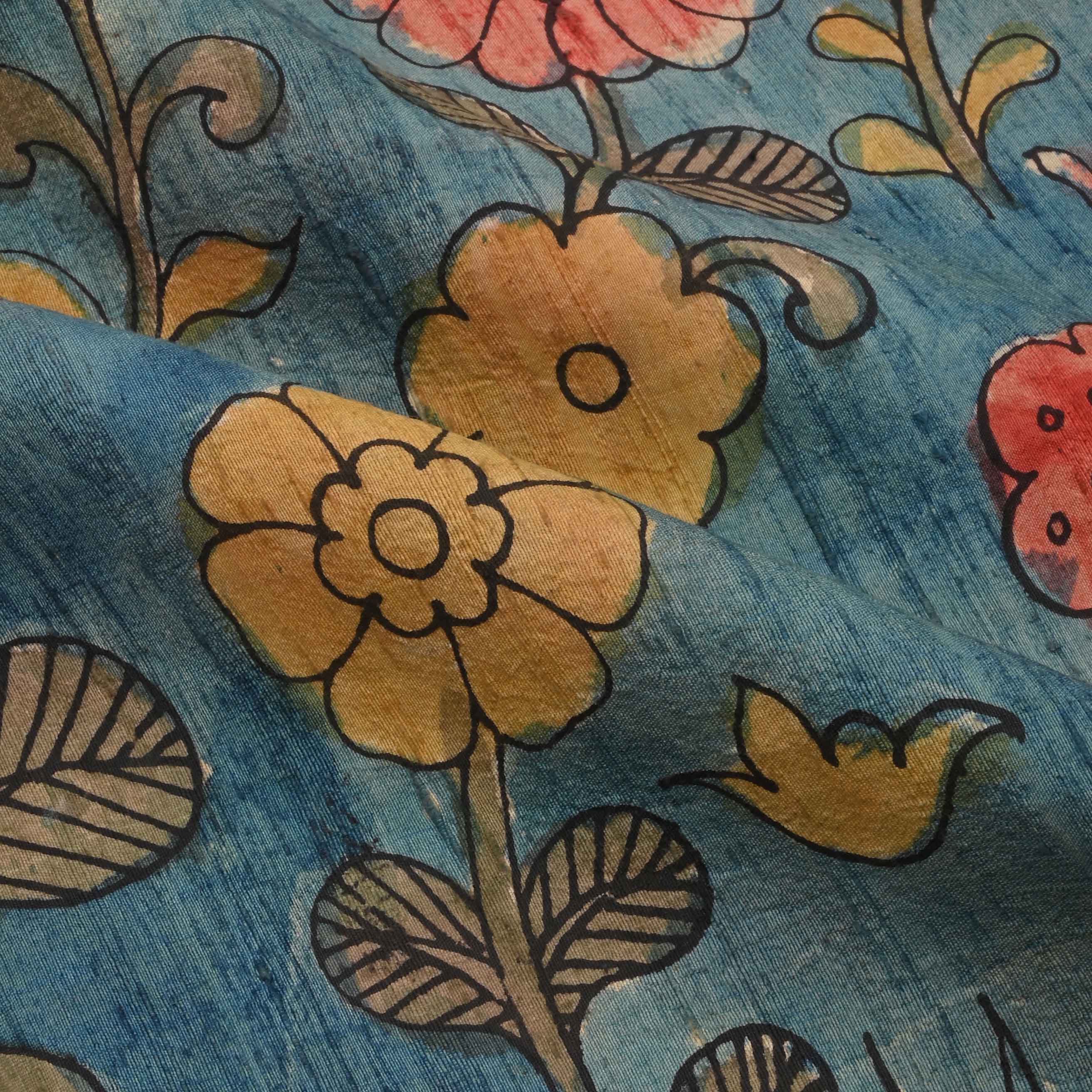 Blue Raw Silk Fabric With Kalamkari Pattern
