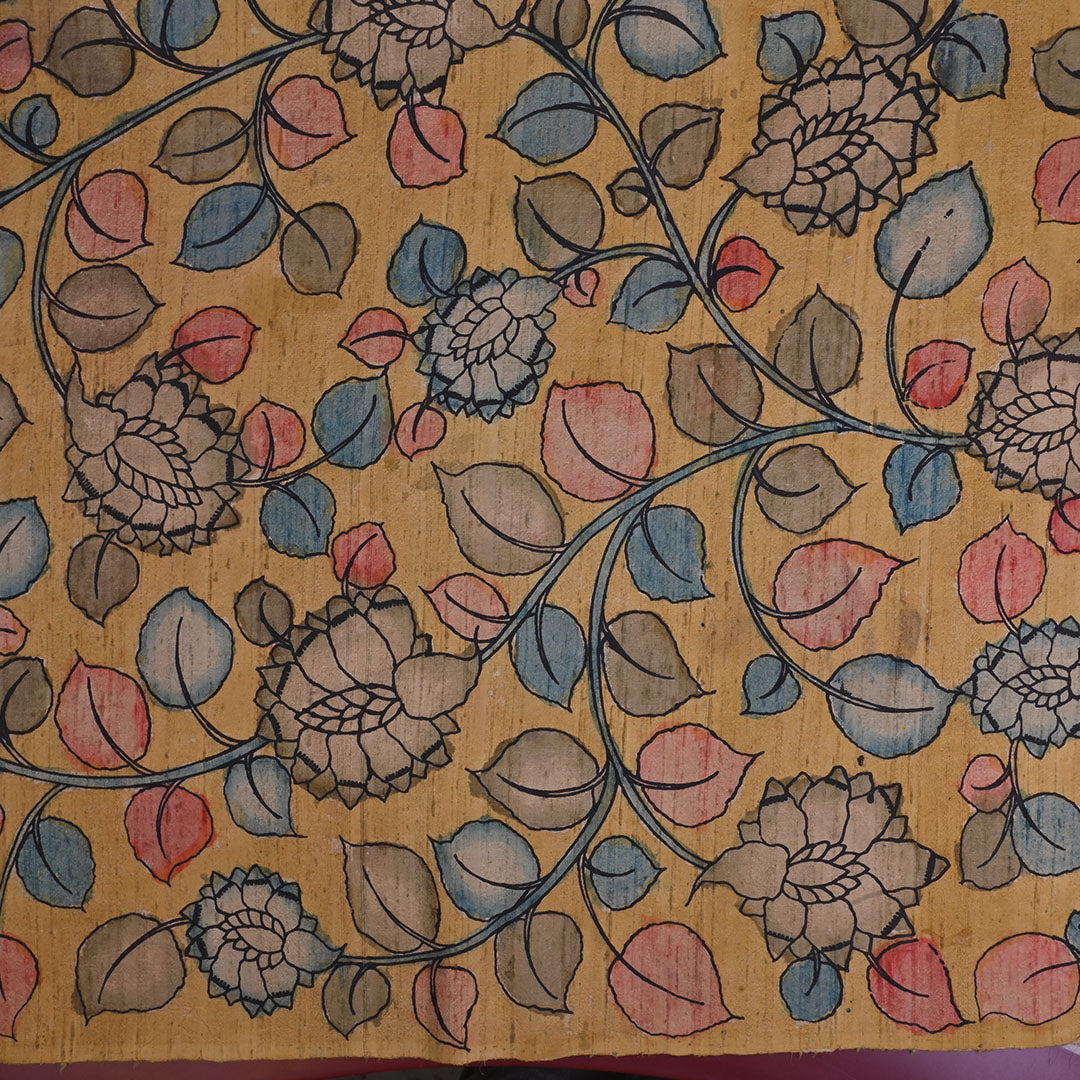 Pale Yellow Kalamkari Raw Silk Fabric