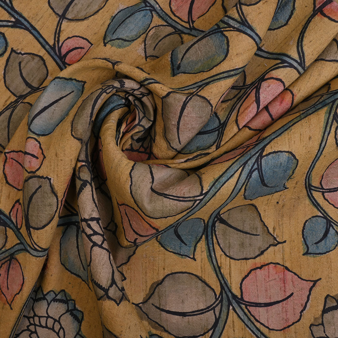 Pale Yellow Kalamkari Raw Silk Fabric