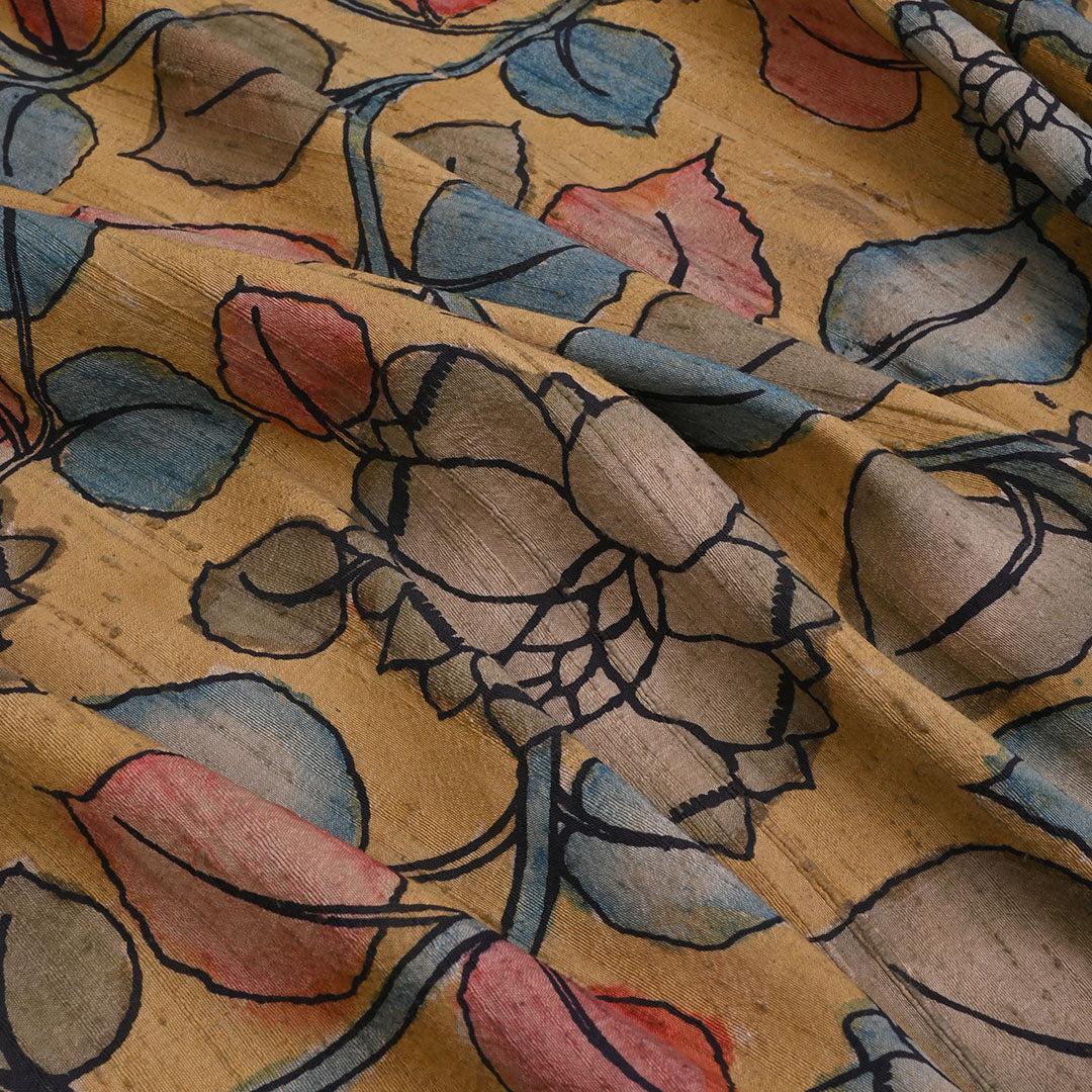 Pale Yellow Kalamkari Raw Silk Fabric