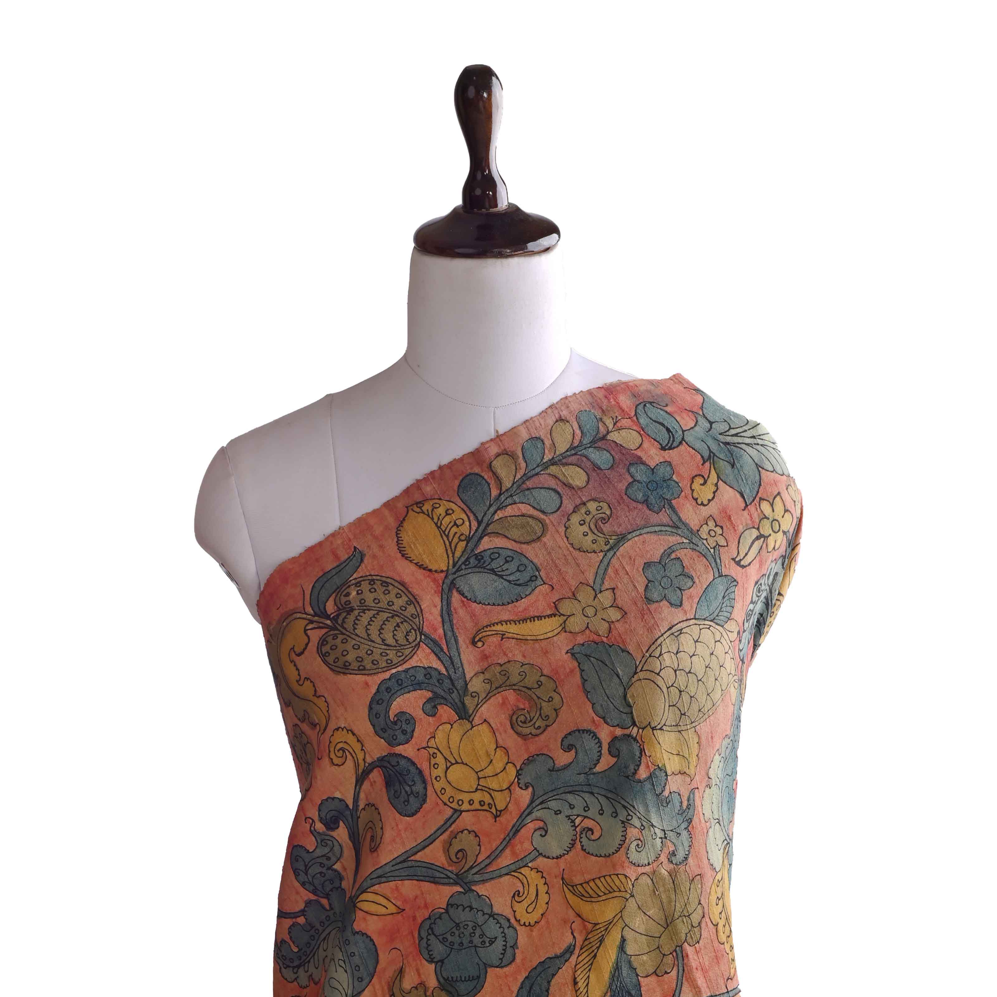 Pastel Pen Kalamkari Raw Silk Dupion Fabric