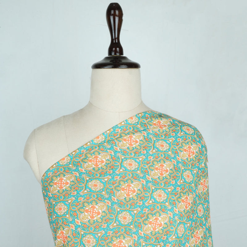 Teal Blue Cotton Fabric With Floral Printed Pattern