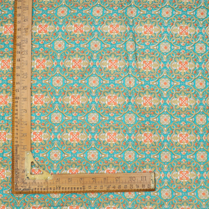 Teal Blue Cotton Fabric With Floral Printed Pattern