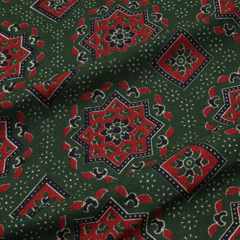 Emerald Green Ajrakh Printed Cotton Fabric