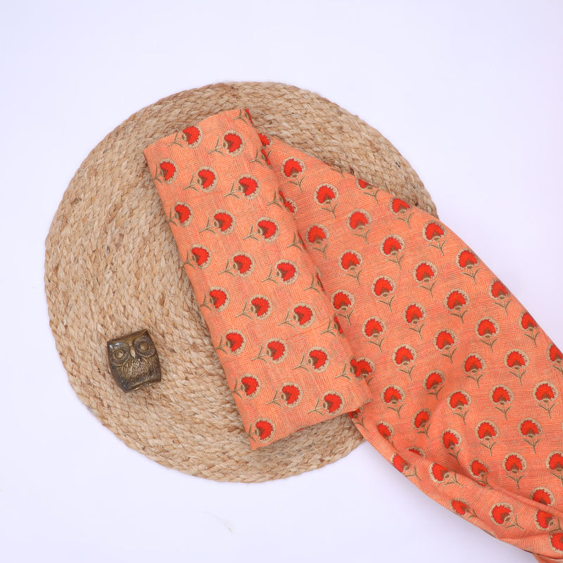 Peach Cotton Fabric With Printed Floral Patterns