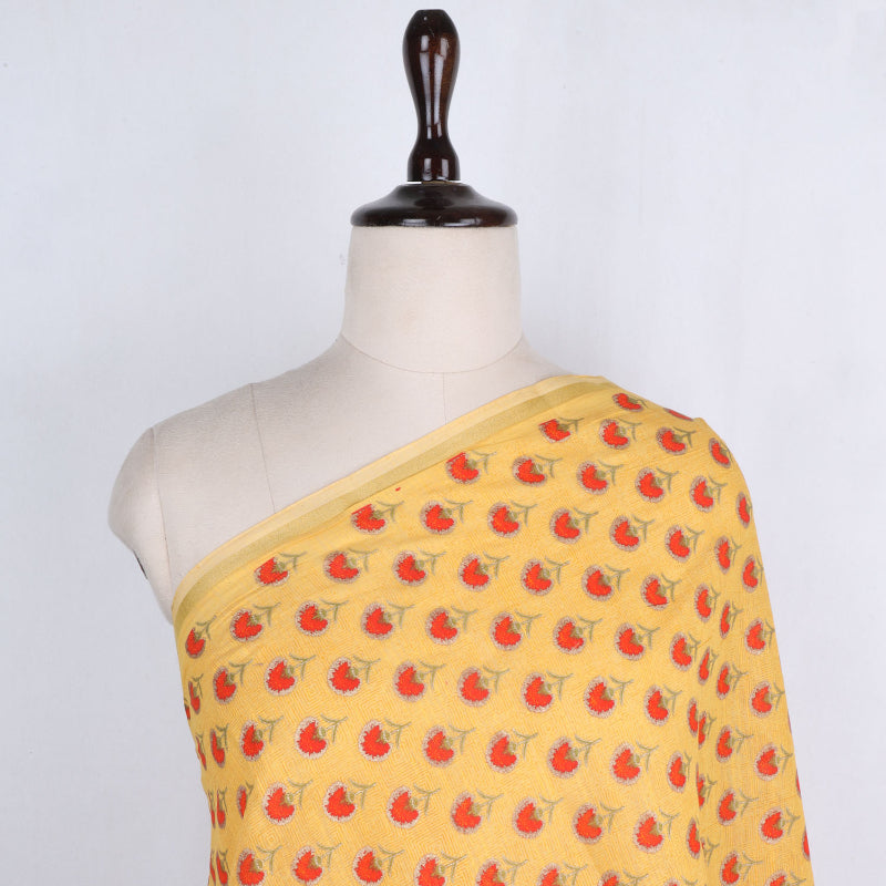 Golden Yellow Cotton Fabric With Printed Floral Patterns