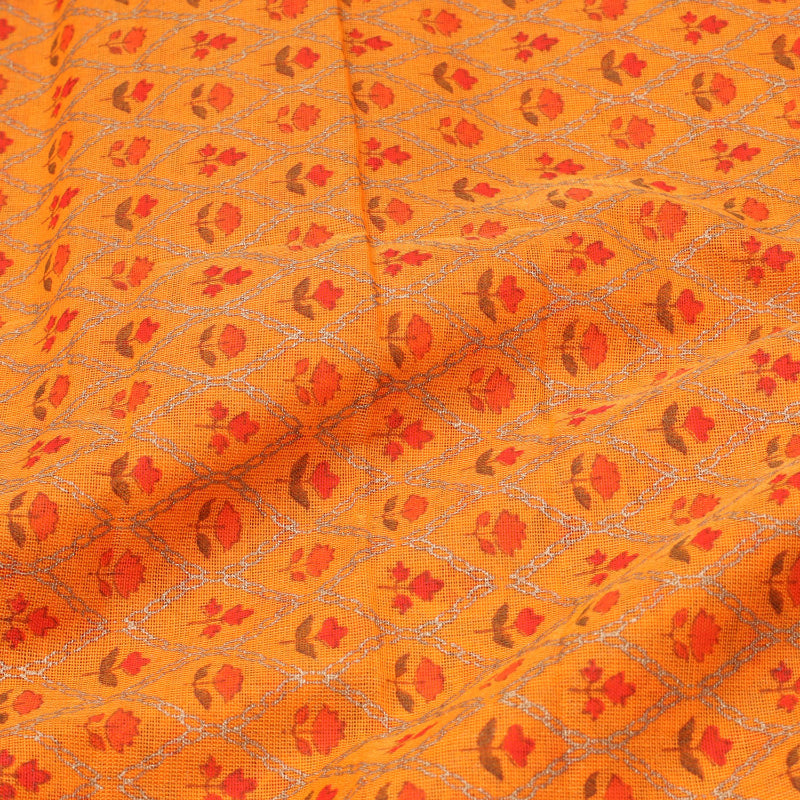 Tangerine Orange Floral Printed Cotton Fabric