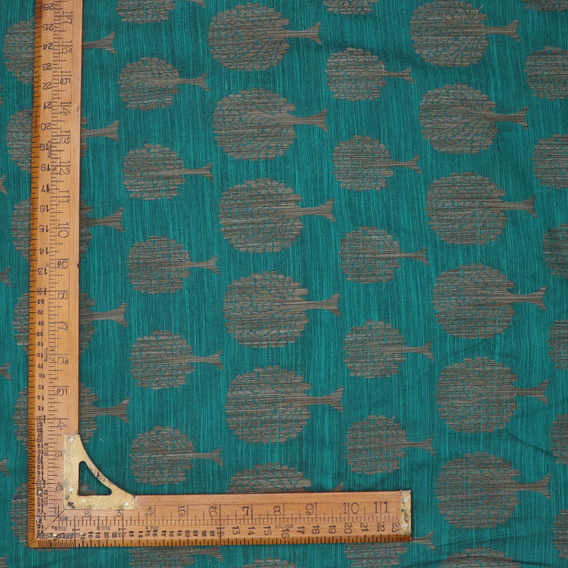 Teal Blue Cotton Fabric With Tree Motifs