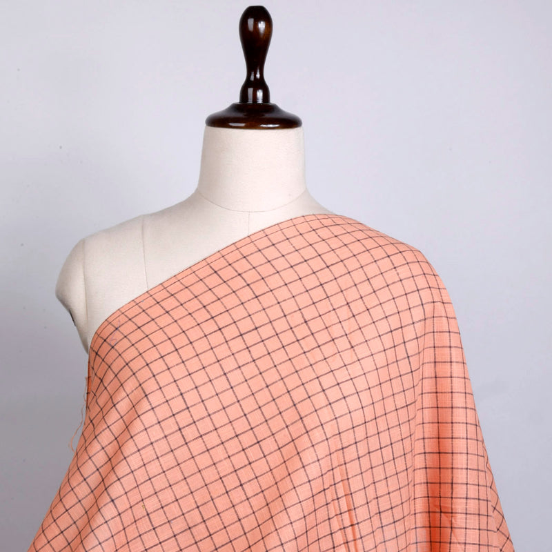 Peach Pink Cotton Fabric With Checked Pattern