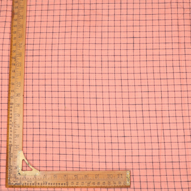 Peach Pink Cotton Fabric With Checked Pattern