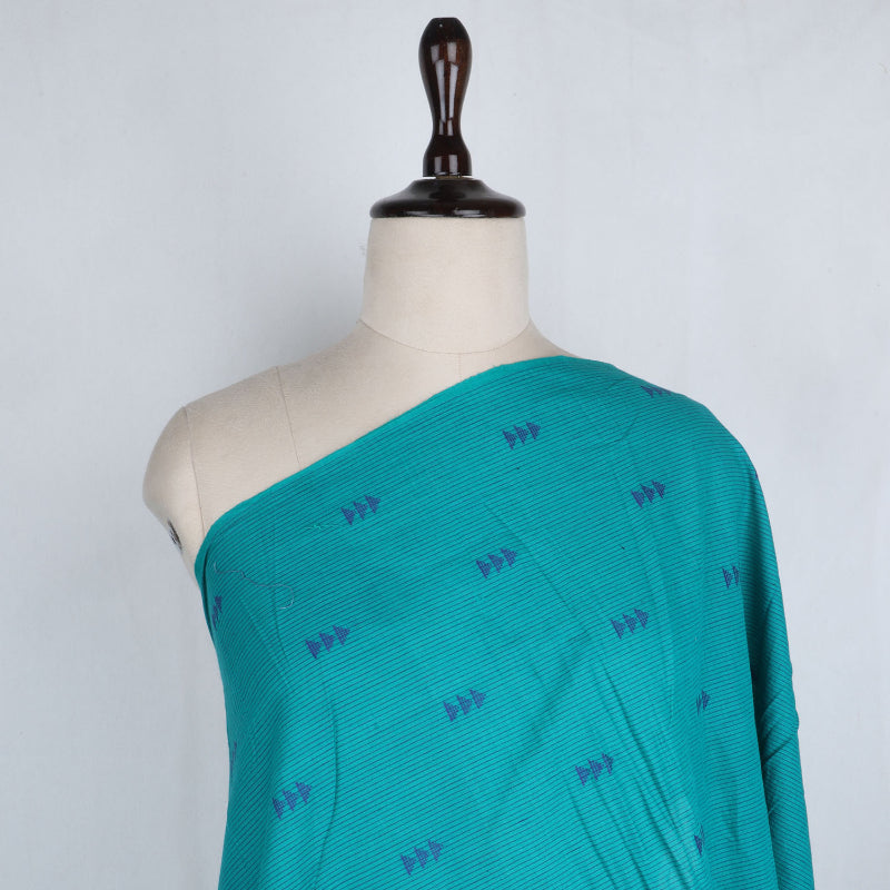 Turquoise Blue Cotton Fabric With Geometric Striped Pattern