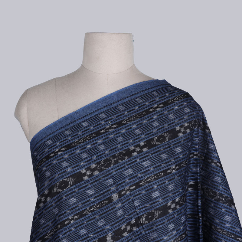 Denim Blue Cotton Fabric With Ikat Pattern