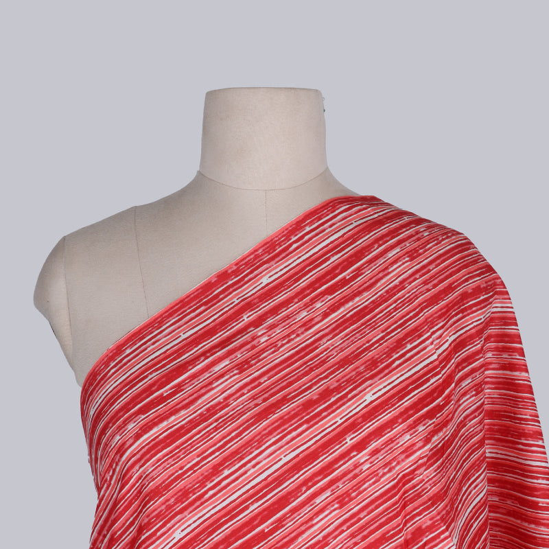 Crimson Red Cotton Printed Fabric With Striped Pattern
