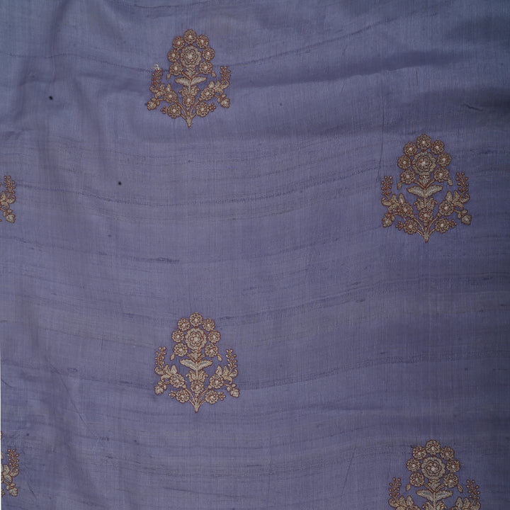 Bluish Grey Embroidery Raw Silk Fabric