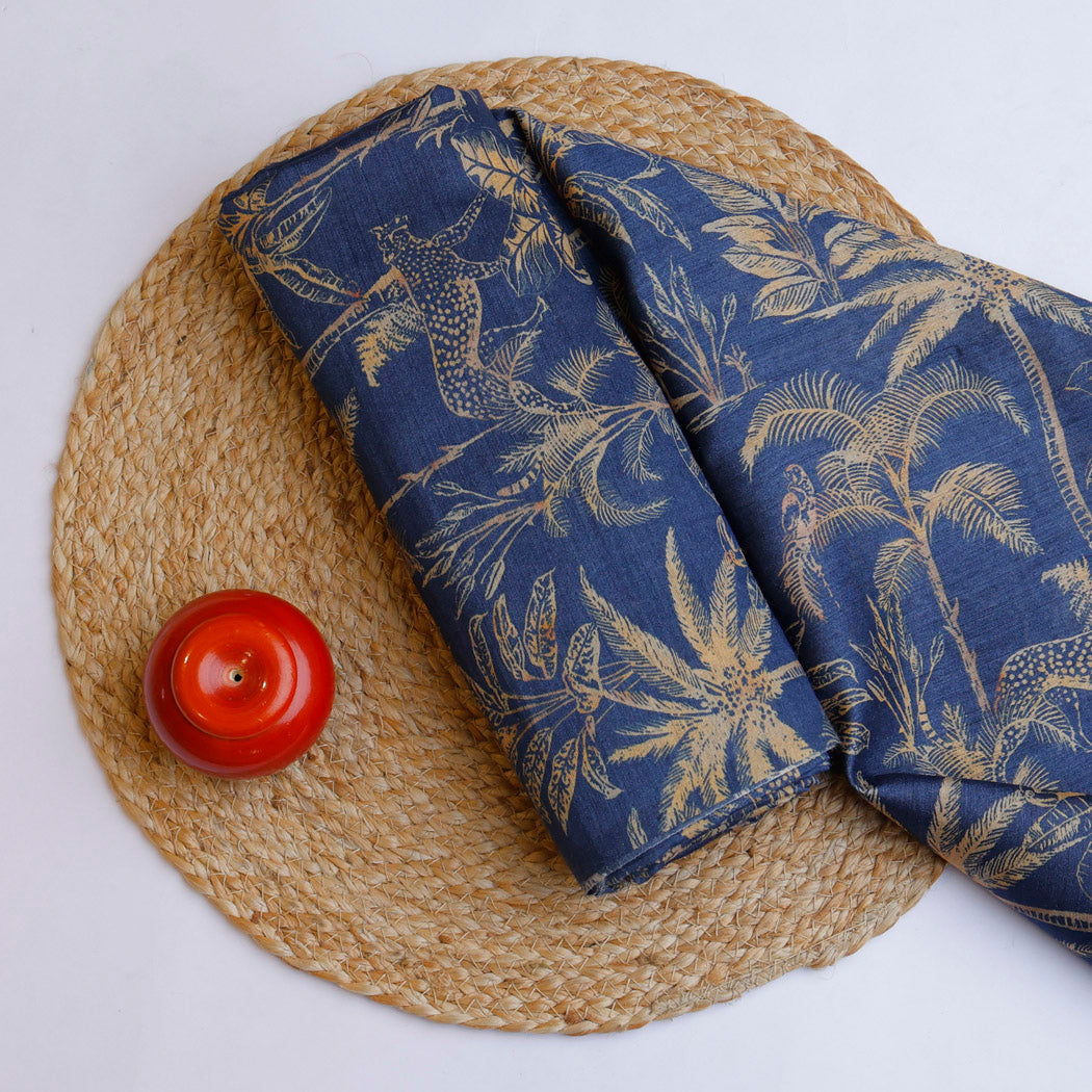 Dark Blue Nature Inspired Printed Tussar Fabric