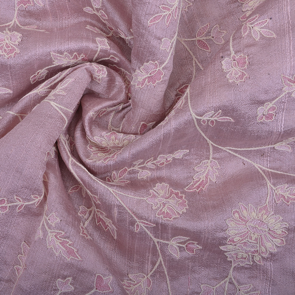 Gold Pink Embroidery Raw Silk Fabric