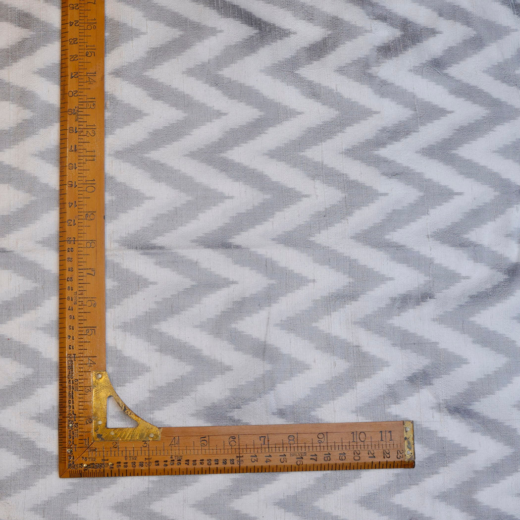 Dull White Dupion Silk Ikat Fabric With Chevron Pattern