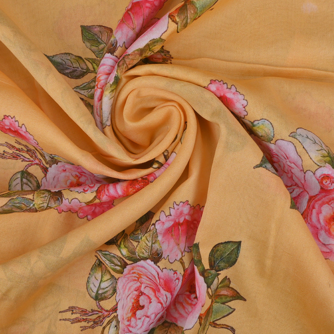 Golden Yellow Printed Floral Chanderi Fabric