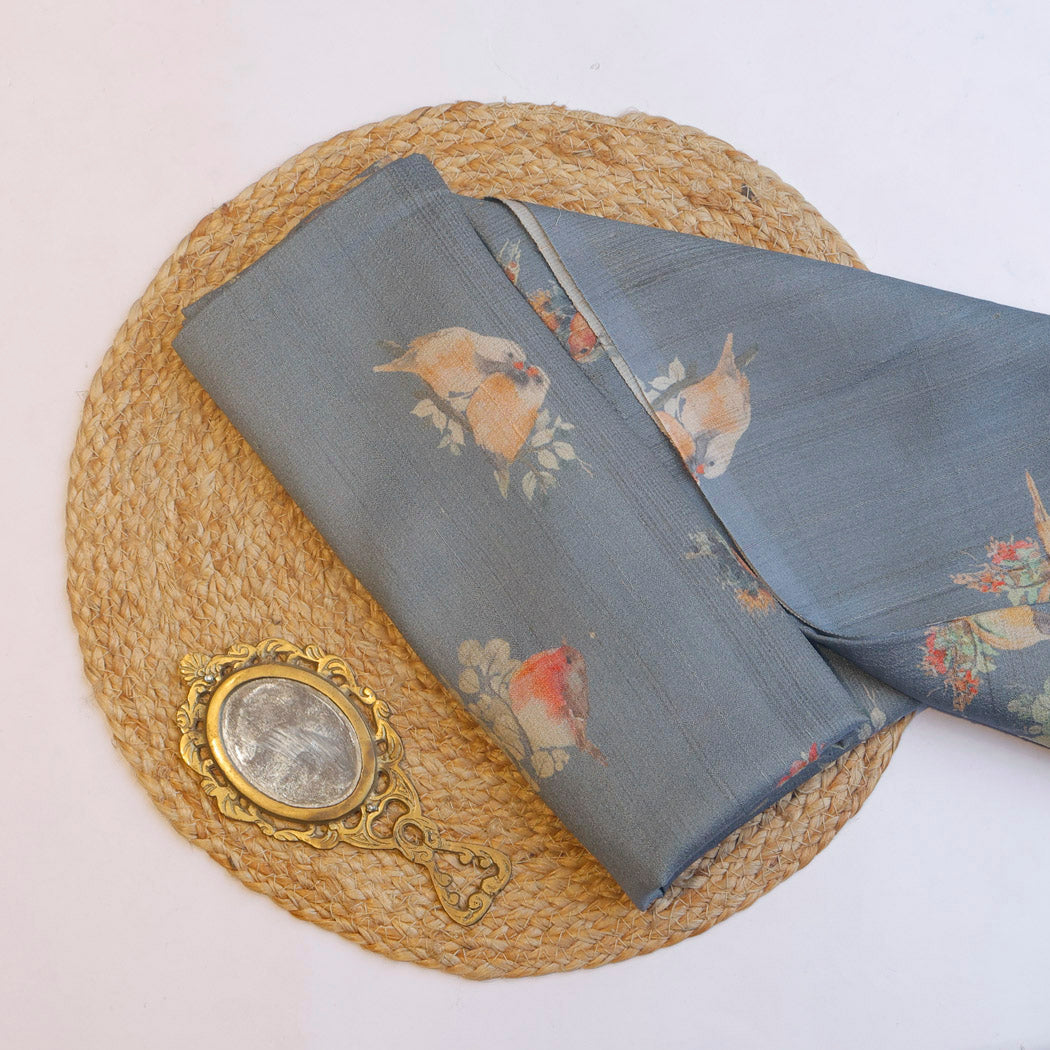 Blue Gray Floral Printed Tussar Fabric