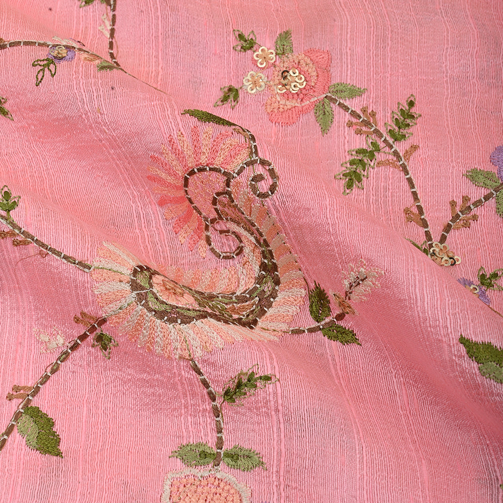 Salmon Orange Embroidered Raw Silk Fabric