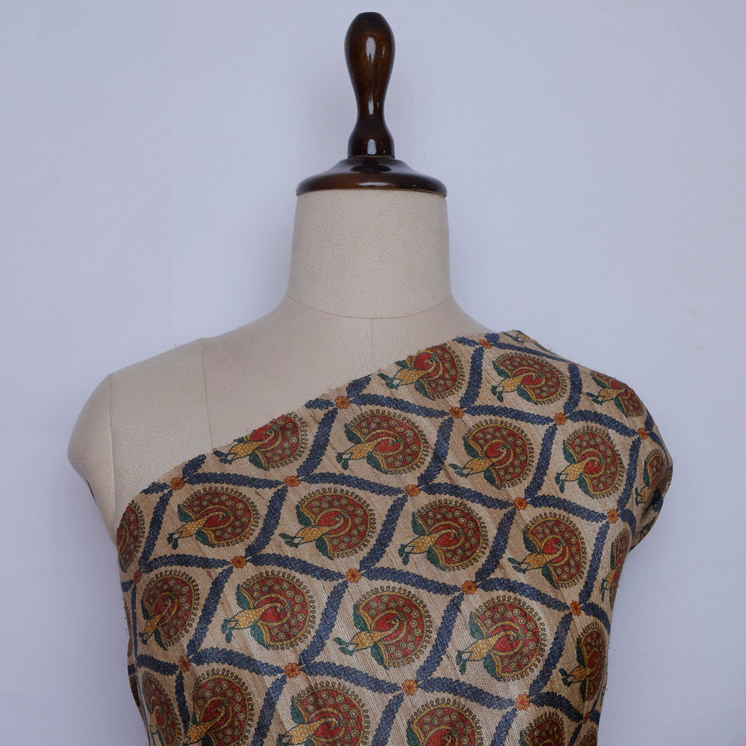 Pastel Peach Printed Tussar Fabric