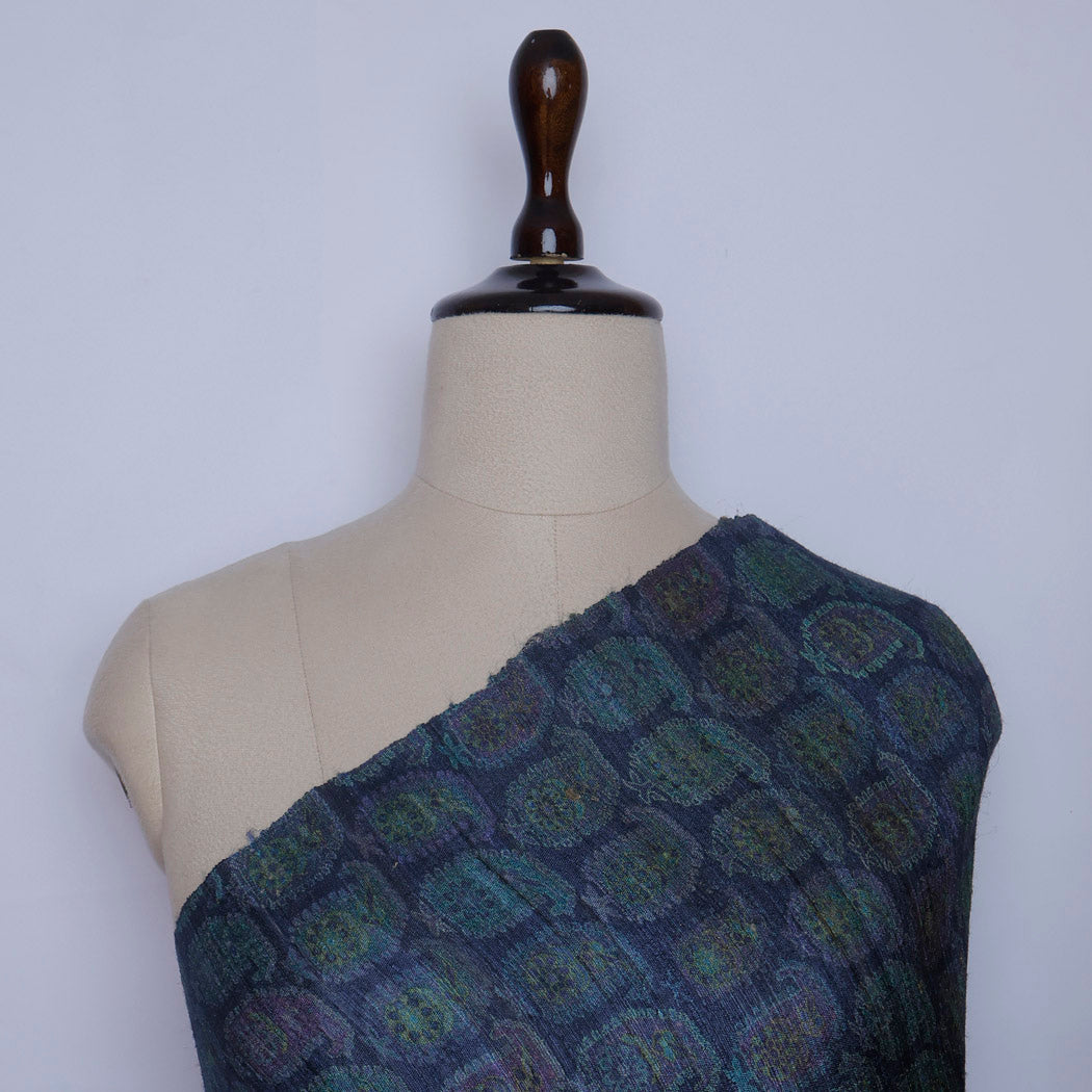 Dark Blue Tussar Fabric With Printed Floral Paisley Motifs