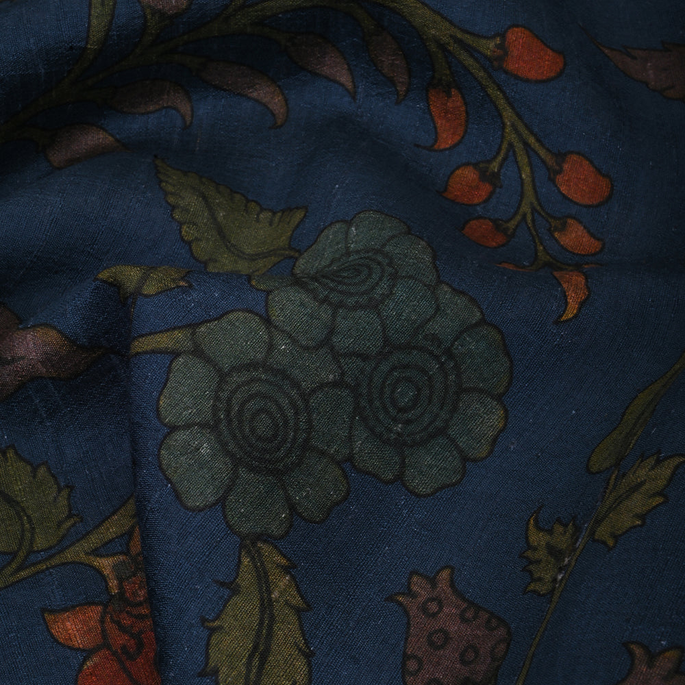 Steel Blue Blue Floral Printed Tussar Silk