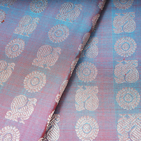 Blue-Pink Kanjivaram Silk Handloom Fabric With Floral Motifs